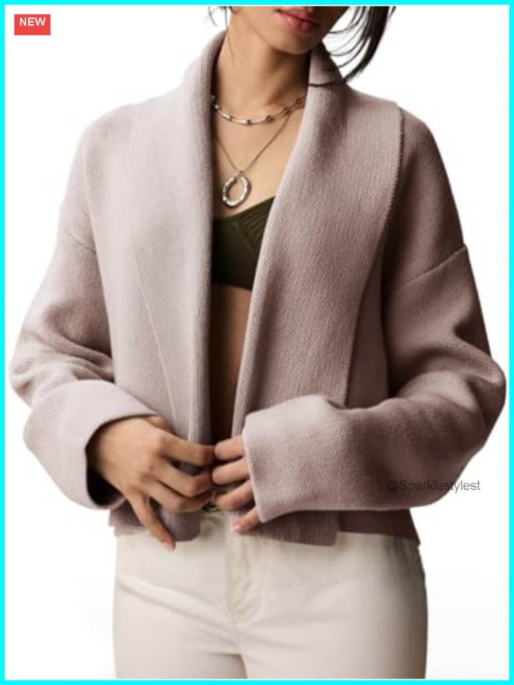 Cropped Cardigan Sweater Open Front Long Sleeve Lapel Collar Soft Knit